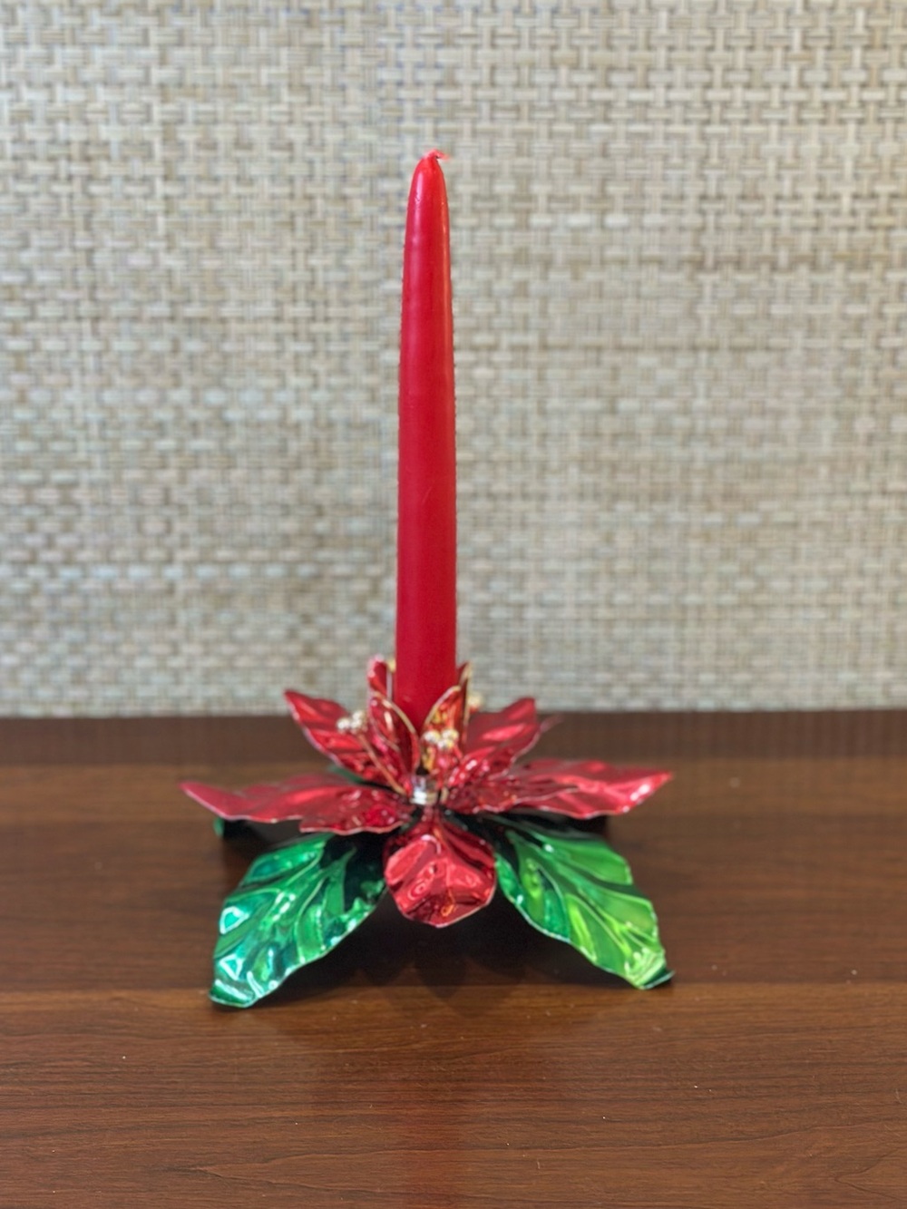 🎄VTG 1990s Dept. 56 Red & Green Metallic Poinsettia Candle Holder